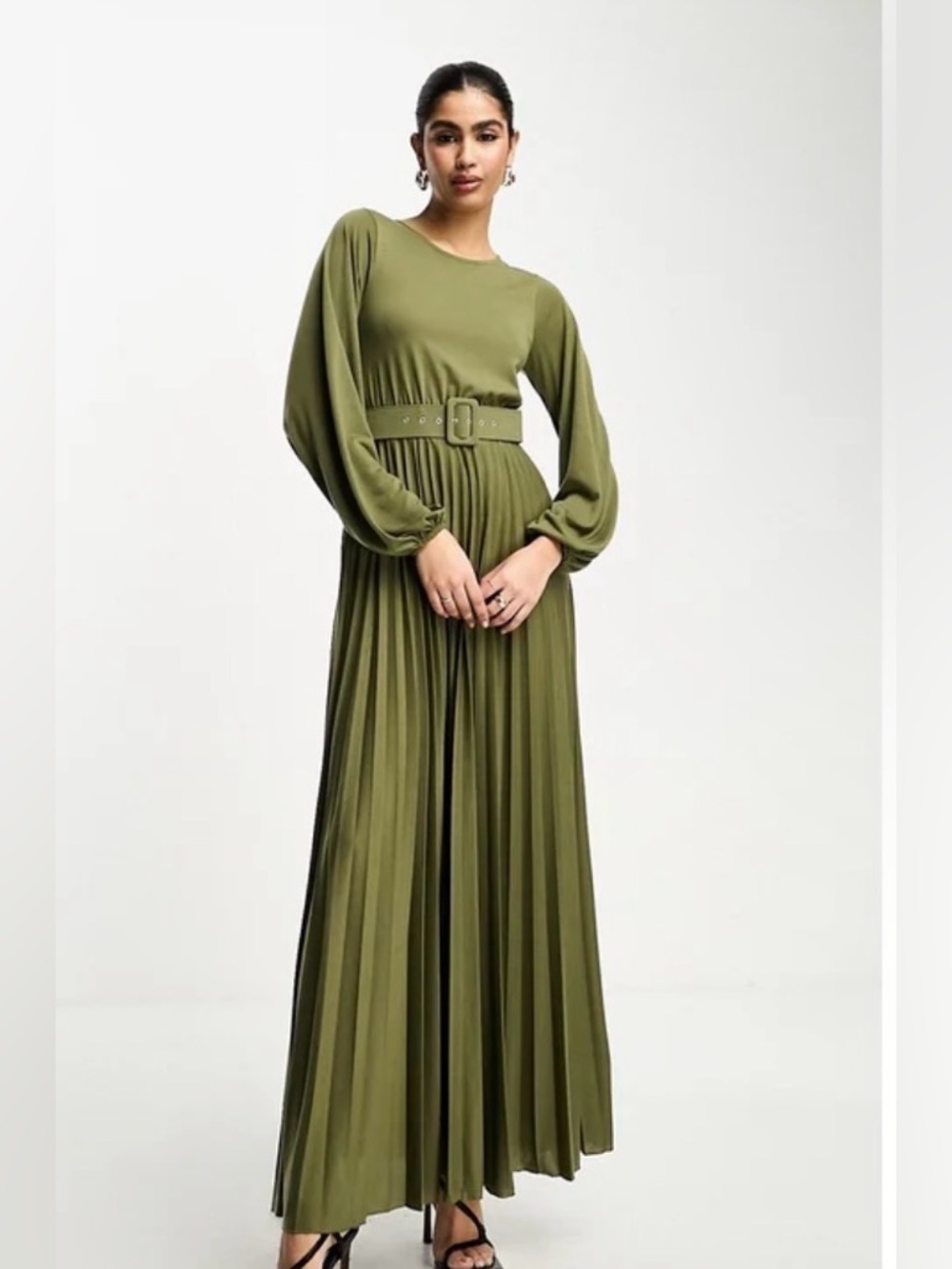 ASOS Olive Green Pleated Maxi Dress with Belted Waist